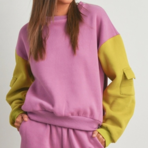 #058B 🛑S NEW! CHIC TRENDY Patched Pocket Sleeve Contrast Sweatshirts - Picture 4 of 12